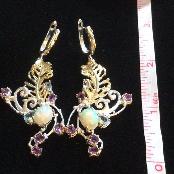 Exquisite One Of A Kind, Genuine Fiery Opal, Aquamarines & Amethysts Earrings - Picture 7 of 11